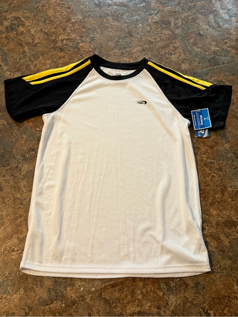 MTA Sport White Athletic Tee Black Sleeves Yellow Stripes Wicking Mens 16-18 New